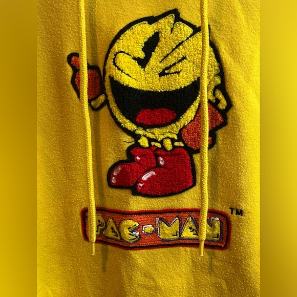PAC-MAN EMBELLISHED LOGO NAMCO BANDAI ARCADE GAME GOLD HOODIE SIZE S PREOWNED - Picture 2 of 6
